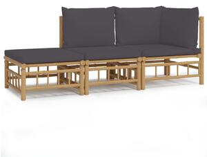 Set mobilier de grădină, perne gri închis, 3 piese, bambus