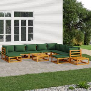 Set mobilier de grădină cu perne verzi, 12 piese, lemn masiv