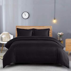 Lenjerie de pat pentru o persoana cu husa de perna dreptunghiulara, Elegance, damasc, dunga 1 cm 130 g mp, Negru, bumbac 100%