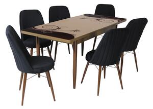 Set masă extensibilă Aris Nuc Sticlă cu 6 scaune Minerva Negru