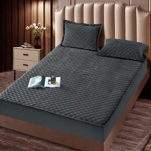 Husa de pat, 2 persoane, catifea, 180x200cm, 3 piese, cu elastic, gri inchis, HPT06