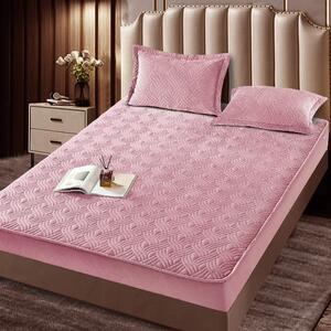 Husa de pat, 2 persoane, catifea, 180x200cm, 3 piese, cu elastic, roz , HPT07
