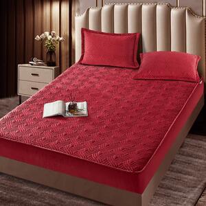 Husa de pat, 2 persoane, catifea, 180x200cm, 3 piese, cu elastic, rosu inchis, HPT09