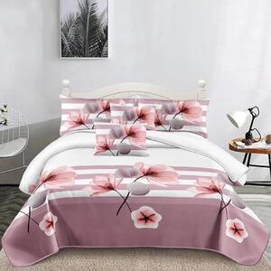 Lenjerie de pat, 2 persoane, finet, 6 piese, bej si alb, cu flori roz, LFN238