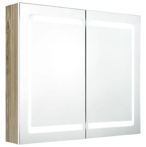 Dulap de baie cu oglindă și LED, alb și stejar, 80x12x68 cm