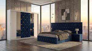 Set Mobila De Dormitor Berlin Albastru, pat tapitat Albastru 180x200cm, dulap tapitat 250cm, 2 noptiere si saltea 180x200cm