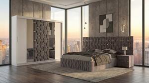Set Mobila De Dormitor Berlin Gri, pat tapitat Gri 180x200cm, dulap tapitat 250cm, 2 noptiere si saltea 180x200cm
