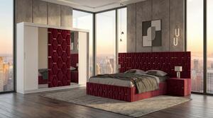 Set Mobila De Dormitor Berlin Rosu, pat tapitat Rosu 180x200cm, dulap tapitat 250cm, 2 noptiere si saltea 180x200cm