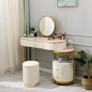 Set Elora, Masă de toaletă pentru machiaj cu oglindă iluminată LED, control touch, 3 sertare, taburet, Ivory