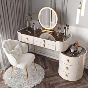 Set Lucia, Masă de toaletă pentru machiaj cu oglindă iluminată LED, control touch, 6 sertare, comoda, scaun, Alb