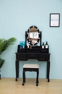 Set Julia, Masă de toaletă cu oglindă iluminată LED, control touch, 7 sertare, scaun, Negru