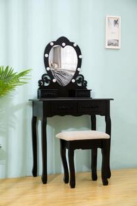 Set Ilona, Masă de toaletă cu oglindă iluminată LED, control touch, 4 sertare, scaun, Negru