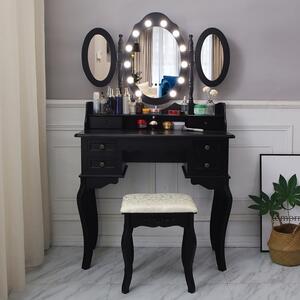 Set Josefina, Masă de toaletă cu 3 oglinzi, iluminare LED, control touch, 6 sertare, scaun, Negru