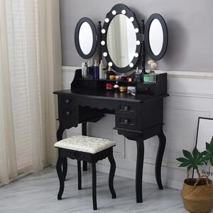 Set Josefina, Masă de toaletă cu 3 oglinzi, iluminare LED, control touch, 6 sertare, scaun, Negru