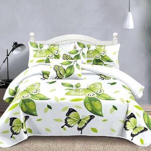 Lenjerie de pat, 2 persoane, finet, 6 piese, alb , cu fluturi verzi, LFN249