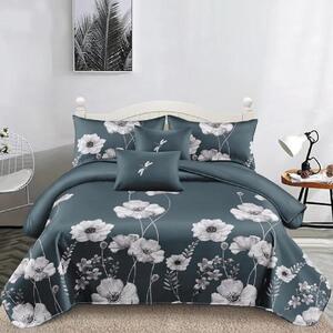 Lenjerie de pat, 2 persoane, finet, 6 piese, gri inchis, cu flori albe, LFN245