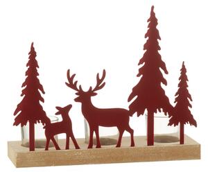 Suport lumanari 3 Reindeer+Christmas Tree, Metal Fier, Rosu, 25.5x19x8 cm
