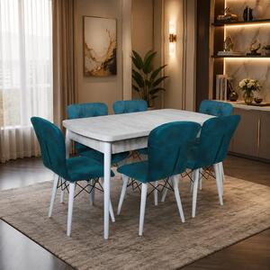 Set masa extensibila cu 6 scaune tapitate Homs cristal-blue-picior-alb-170 x 80 cm