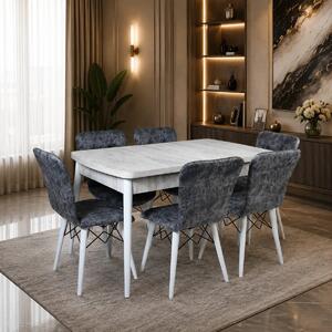 Set masa extensibila cu 6 scaune tapitate Homs cristal bej-gri-picior-alb-170 x 80 cm