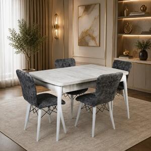 Set masa extensibila cu 4 scaune tapitate Homs cristal bej-gri-picior-alb-170 x 80 cm