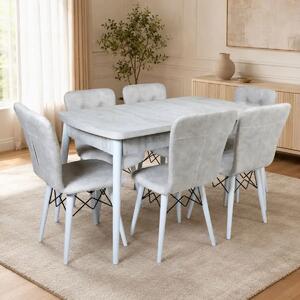 Set masa extensibila cu 6 scaune tapitate Homs cristal bej-picior-alb-170 x 80 cm
