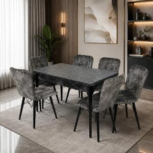 Set masa extensibila cu 6 scaune tapitate Homs cristal negru-gri 170 x 80 cm