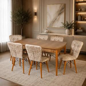 Set masa extensibila cu 6 scaune tapitate Homs nuc/bej 170 x 80 cm picioare lemn  