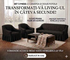 Set Huse Elastice, Canapea 3 Locuri + 2 Fotolii, Creponate, Negru