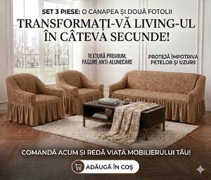 Set Huse Elastice, Canapea 3 Locuri + 2 Fotolii, Creponate, Cafea cu lapte
