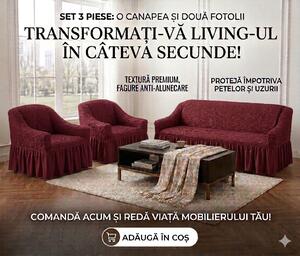 Set Huse Elastice, Canapea 3 Locuri + 2 Fotolii, Creponate, Bordo