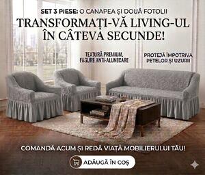 Set Huse Elastice, Canapea 3 Locuri + 2 Fotolii, Creponate, Gri deschis