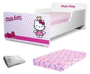 Pat copii Hello Kitty 2-8 ani + saltea 140x70x12 cm + husa impermeabila