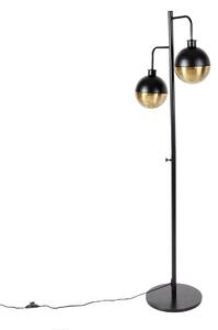Lampă de podea industrială neagră cu alamă 2 lumini - Haicha