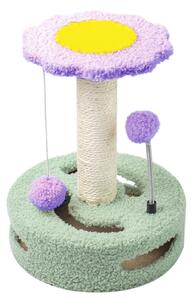 Ansamblu de joaca Pufo Flower pentru pisici, cu stalp pentru zgariat si minge, 33 cm, verde/mov