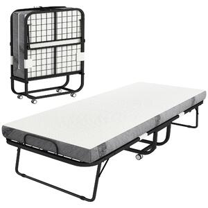 HOMCOM Pat Pliabil Single 90x200 cm cu Saltea de 10 cm Grosime, Cadru din Metal și Roți cu Frână, Negru | Aosom Romania