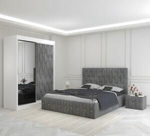Set Mobila De Dormitor Eric Gri, pat tapitat 160x200cm, dulap usa tapitata cu oglinda 150x210cm,2 noptiere tapitate si saltea 160x200cm