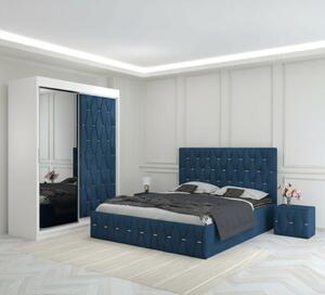 Set Mobila De Dormitor Eric Albastru, pat tapitat 160x200cm, dulap usa tapitata cu oglinda 150x210cm,2 noptiere tapitate si saltea 160x200cm