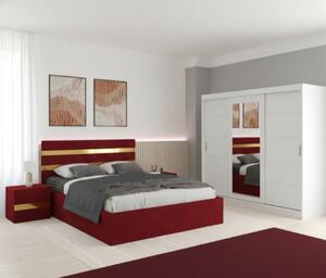 Set Mobila De Dormitor Clio Rosu 250cm, pat tapitat 160x200cm, dulap alb 250cm, 2 noptiere tapitate si saltea 160x200cm