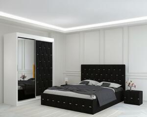 Set Mobila De Dormitor Eric Negru, pat tapitat 160x200cm, dulap usa tapitata cu oglinda 150x210cm,2 noptiere tapitate si saltea 160x200cm