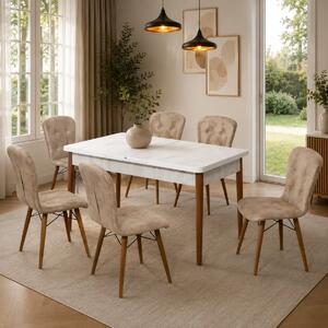 Set masa alba extensibila cu 6 scaune tapitate maro Homs Cristal 170 x 80 cm, picioare lemn