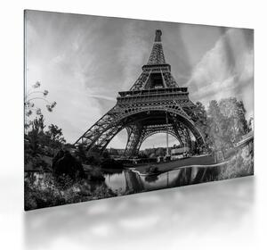 Tablou pe sticlă - Turnul Eiffel, alb-negru (70x50 cm)