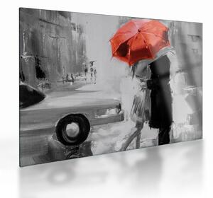 Tablou pe sticlă - Cuplu în dragoste sub o umbrelă, roșu (70x50 cm)