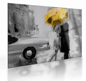 Tablou pe sticlă - Cuplu în dragoste sub o umbrelă, galben (70x50 cm)