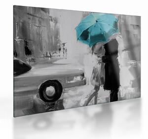 Tablou pe sticlă - Cuplu în dragoste cu umbrelă, albastru (70x50 cm)