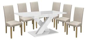 Set dining pentru 6 persoane Maasix WTG High Gloss White cu scaune Bej Vanda