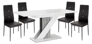 Set de sufragerie Maasix WGS gri-alb lucios Z pentru 4 persoane cu scaune negre Elvira