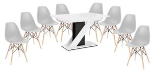 Maasix WGBS Set de sufragerie alb-negru lucios pentru 8 persoane cu scaune Didier gri