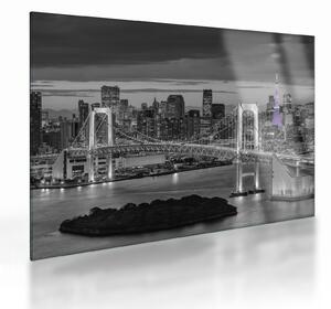 Tablou pe sticlă - Orașul mare cu turnul mov (70x50 cm)