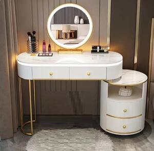 SEA90 - Set Masa toaleta, 100 cm, cosmetica, masa machiaj cu oglinda LED si scaun, masuta vanity - Alb-Auriu