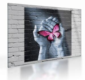 Tablou pe sticlă - Fluture roz în perete (70x50 cm)